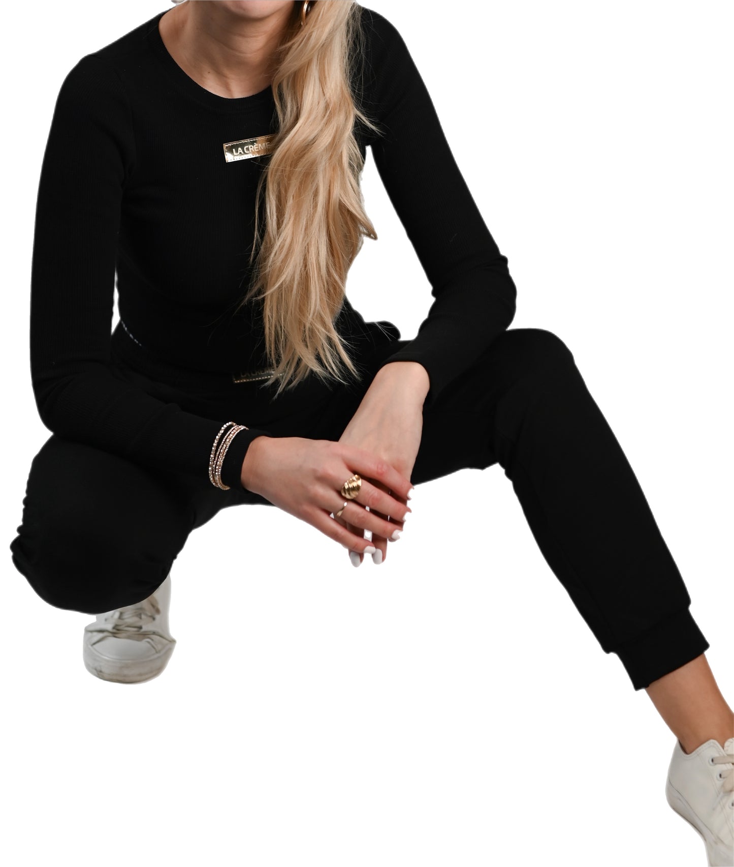 Top and sweatpants - 2 piece set. Woman's tracksuit. Colour: black