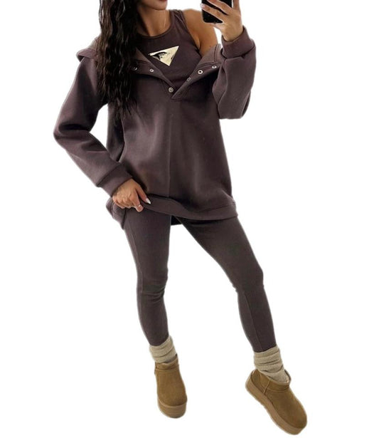 Carla woman’s tracksuit. 3 piece set: sweatshirt hoodie, leggins, top. Color: brown