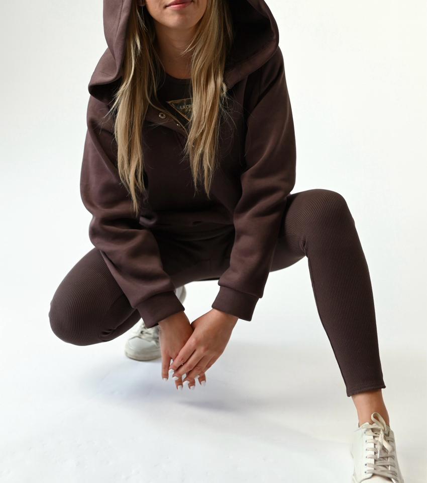 Carla woman’s tracksuit. 3 piece set: sweatshirt hoodie, leggins, top. Color: brown