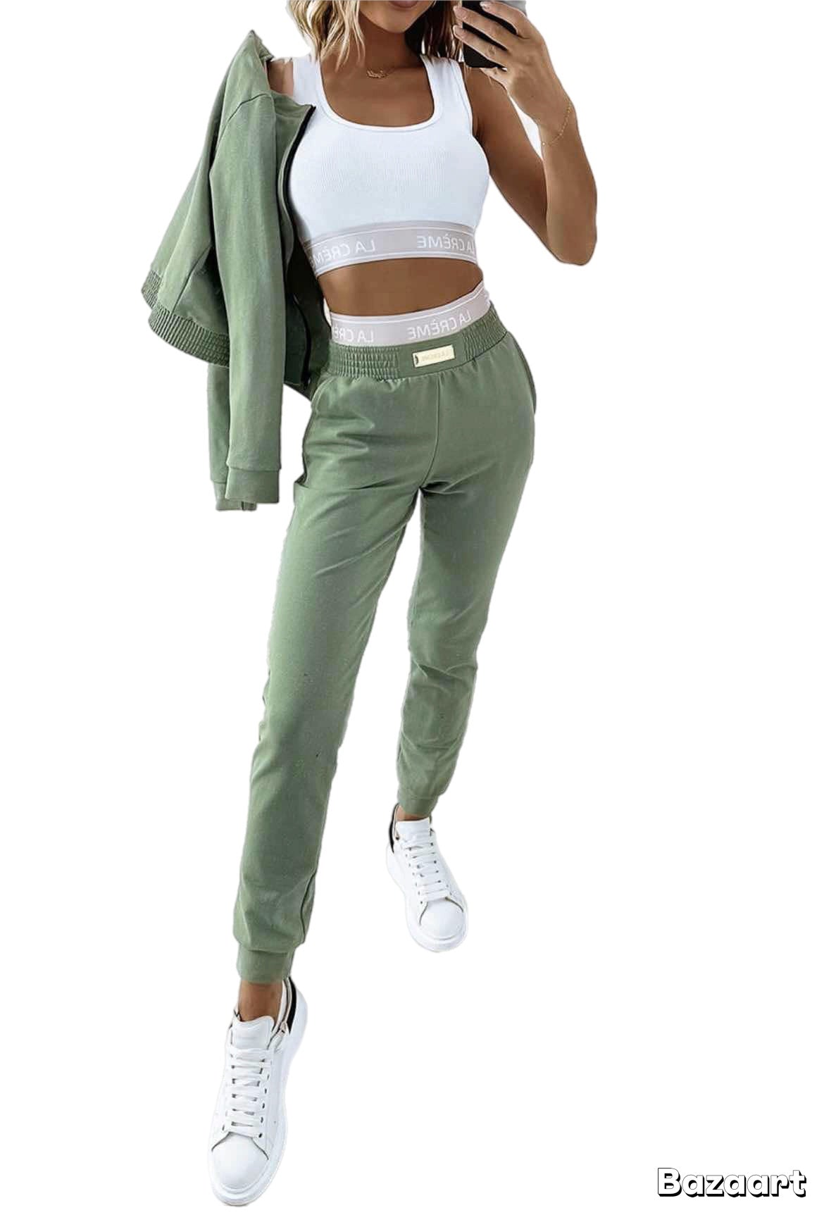 Milan Olive woman’s tracksuit. 3 piece set: sweatshirt zip, sweatpants, top. Color:  Olive