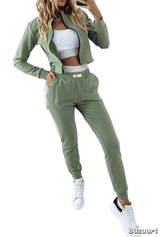 Milan Olive woman’s tracksuit. 3 piece set: sweatshirt zip, sweatpants, top. Color:  Olive