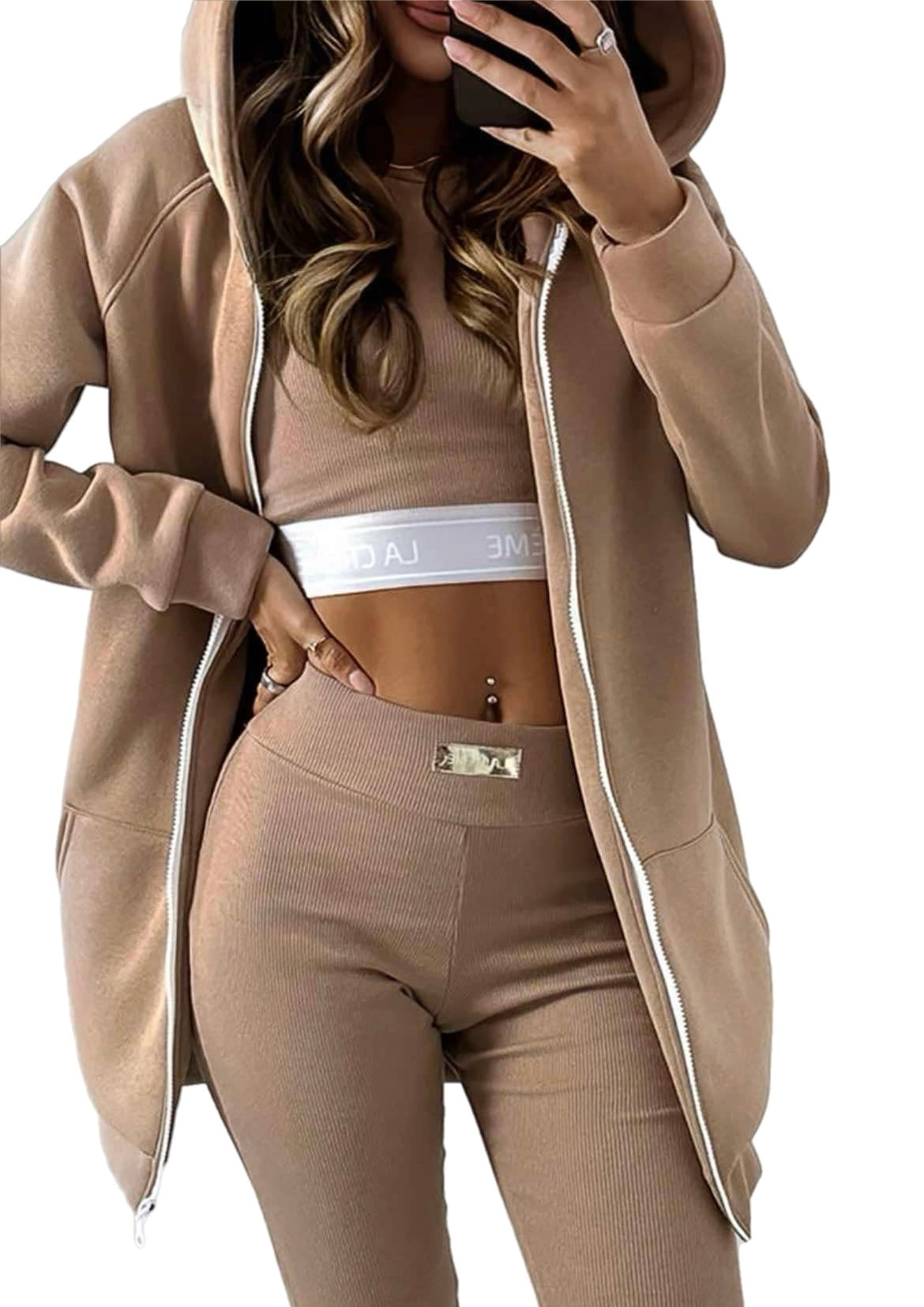 Spring Air woman’s tracksuit. 3 piece set: sweatshirt zip, leggins, top. Color: mocca.