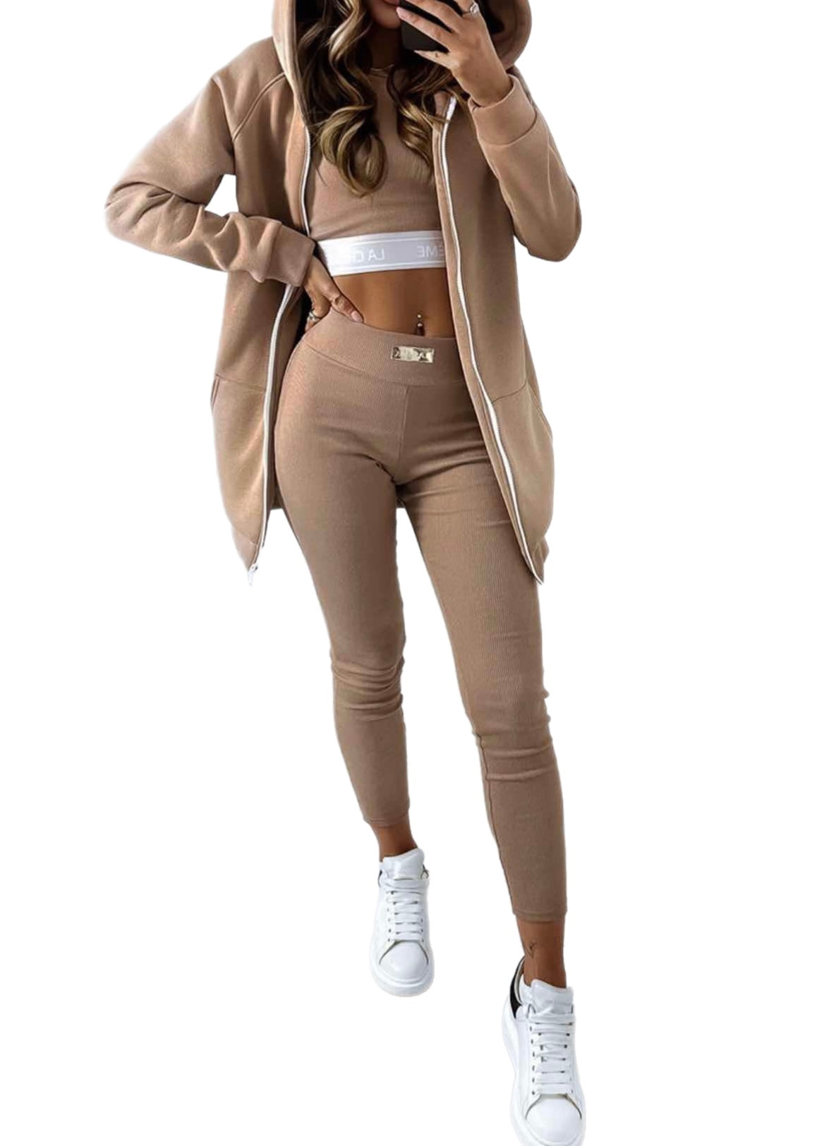 Spring Air woman’s tracksuit. 3 piece set: sweatshirt zip, leggins, top. Color: mocca.