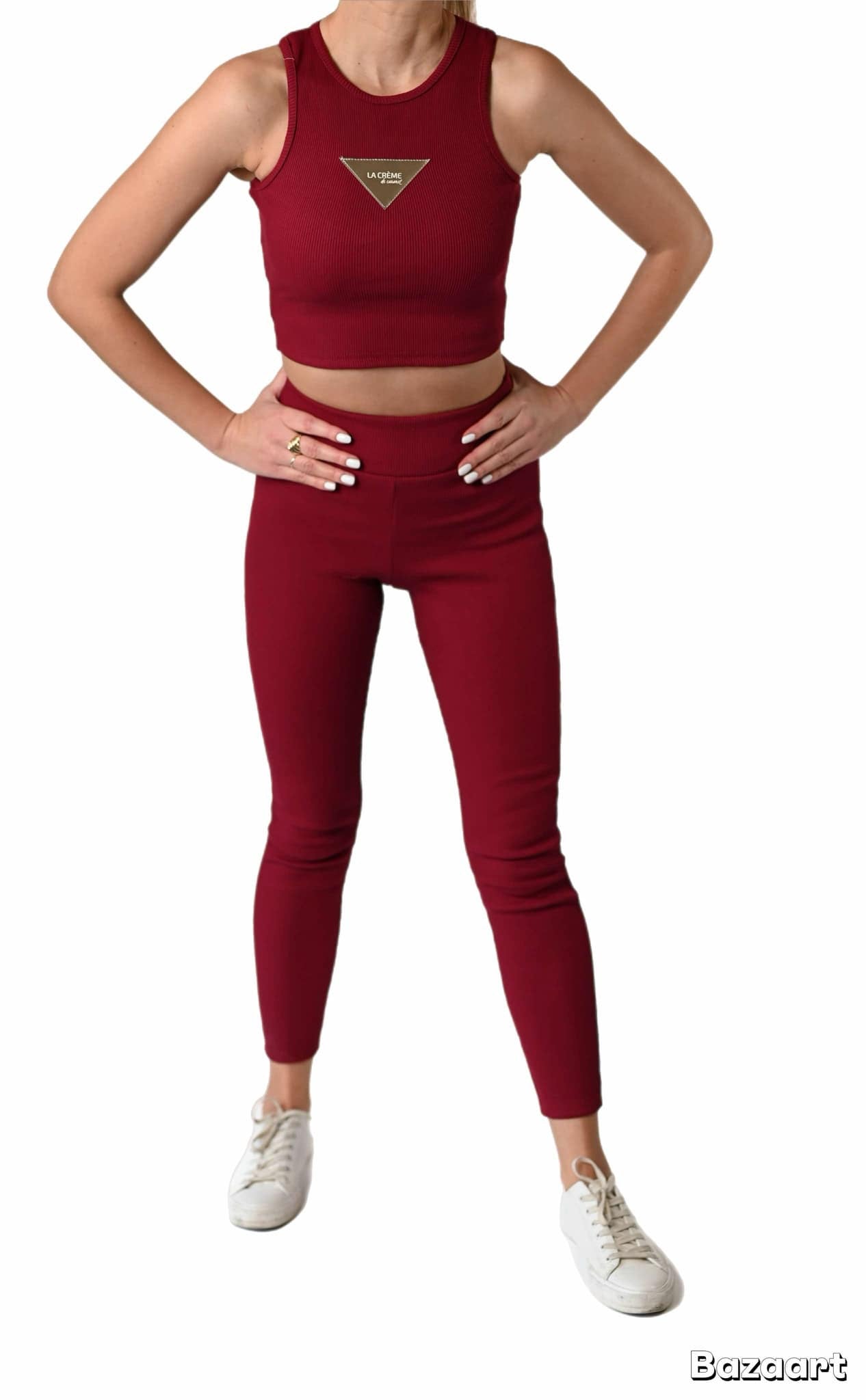 Carla woman’s tracksuit. 3 piece set: sweatshirt hoodie, leggins, top. Color: burgundy.