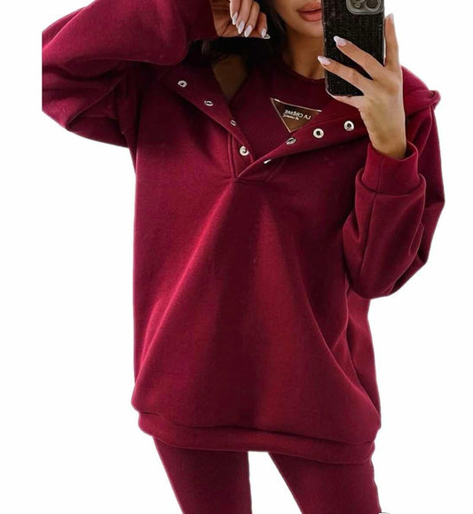 Carla woman’s tracksuit. 3 piece set: sweatshirt hoodie, leggins, top. Color: burgundy.