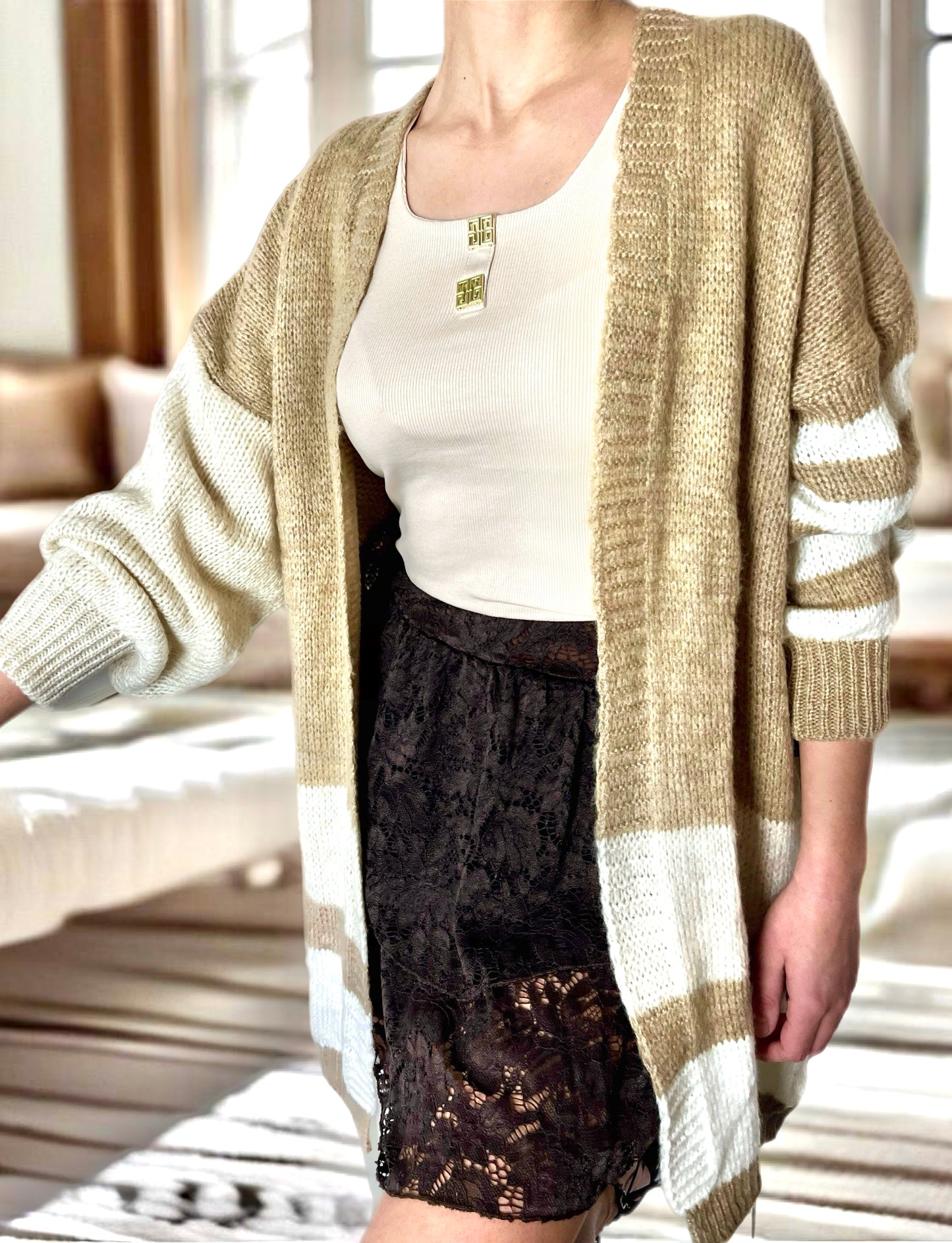 Lenora Contrast Longline Knitted Cardigan-Brown.  (ONE SIZE UK 8/14)