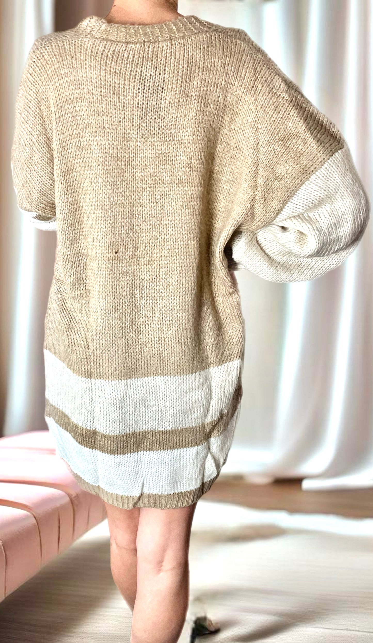 Lenora Contrast Longline Knitted Cardigan-Brown.  (ONE SIZE UK 8/14)