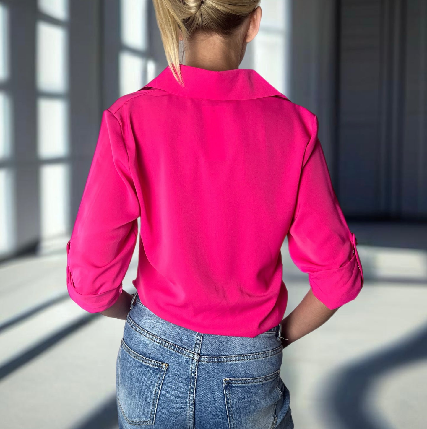 Tania Pocket Detail Shirt Blouse Top-Hot Pink.