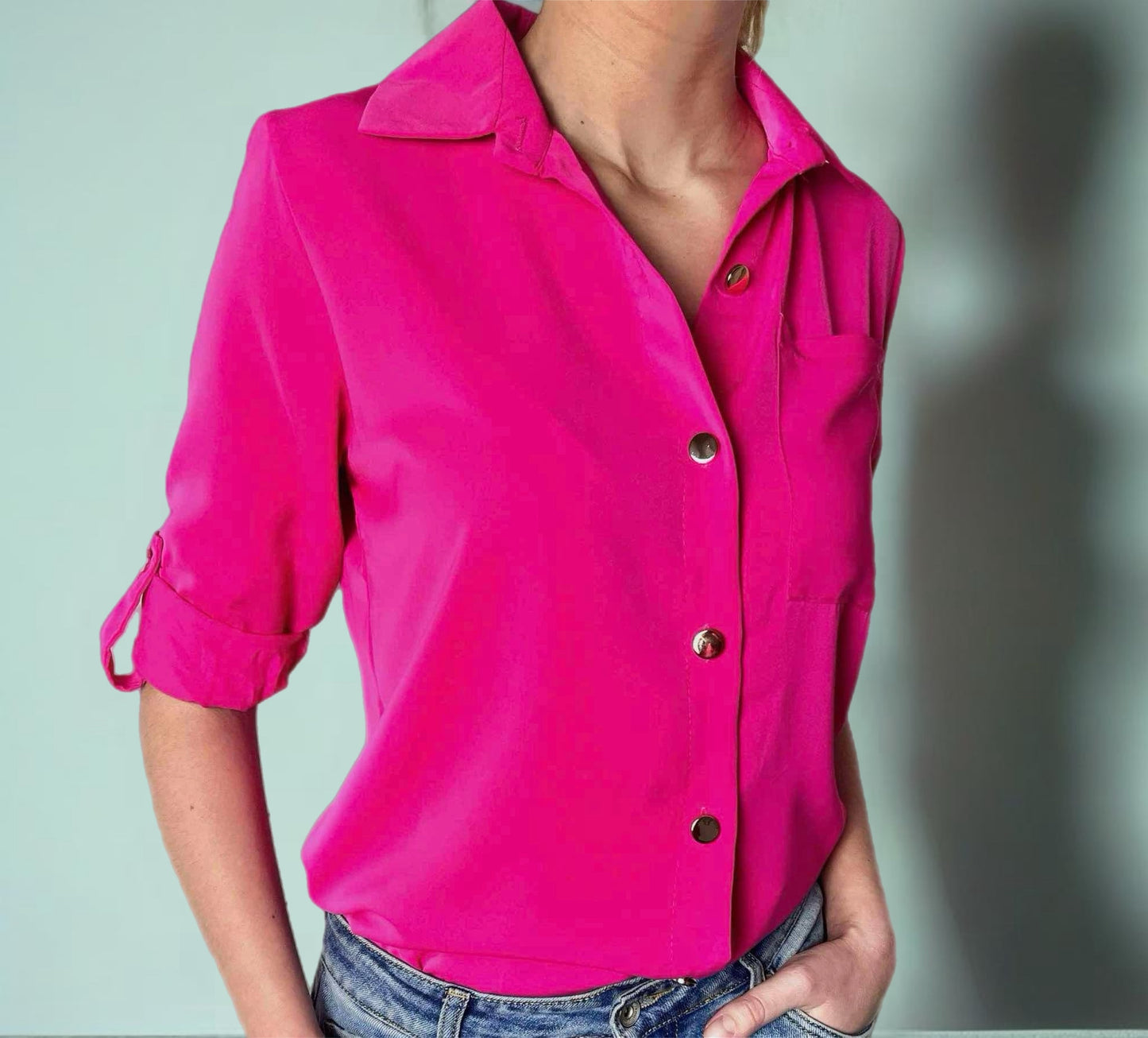 Tania Pocket Detail Shirt Blouse Top-Hot Pink.