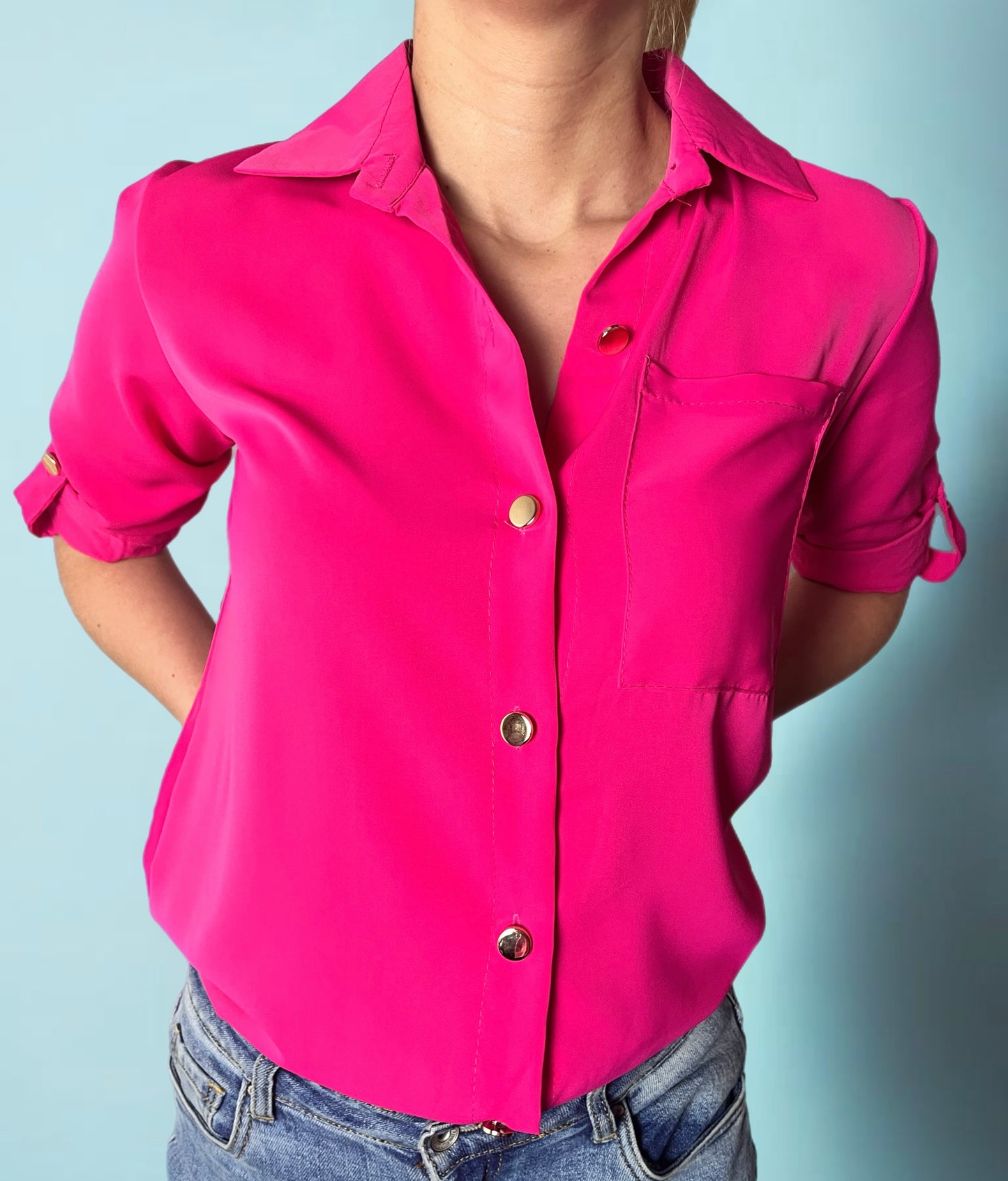 Tania Pocket Detail Shirt Blouse Top-Hot Pink.