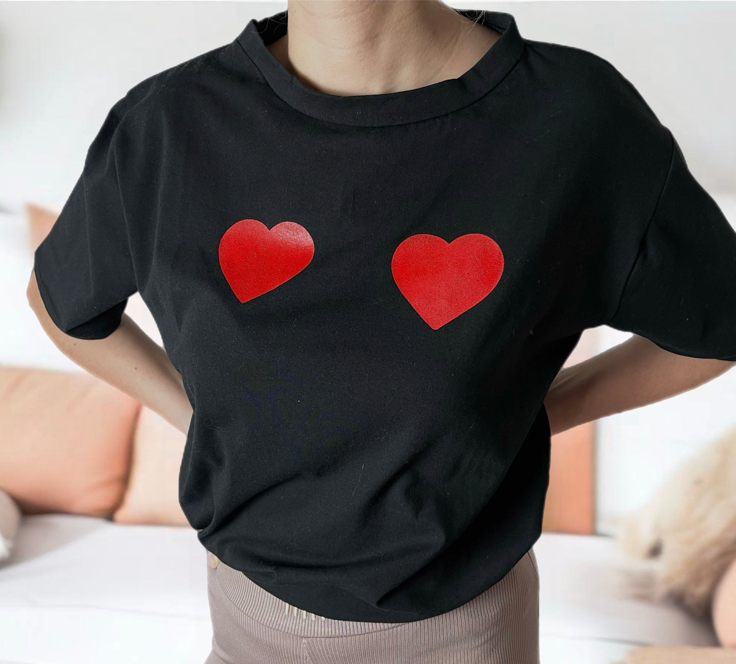 Samida Twin Heart Graphic Printed T. Shirt Top-Black.