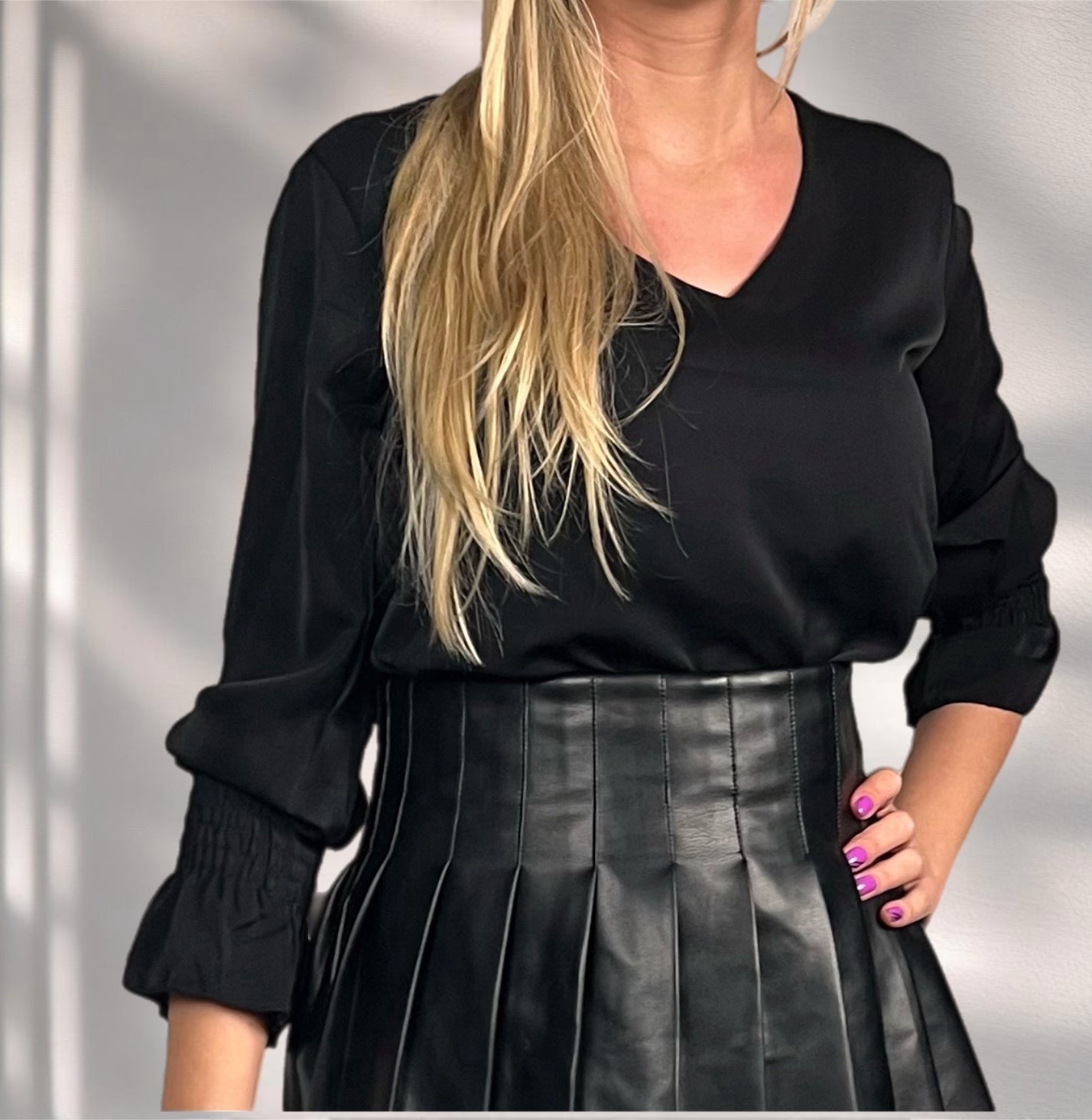 Black blouse, top, long sleeve.