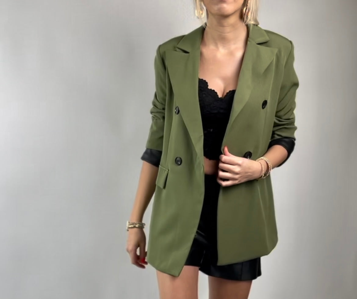 Myla Oversized Faux Leather Blazer Jacket-Khaki