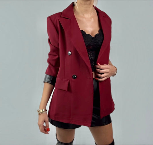 Myla Oversized Faux Leather Blazer Jacket-Wine