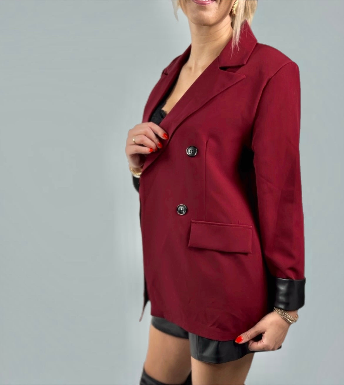 Myla Oversized Faux Leather Blazer Jacket-Wine